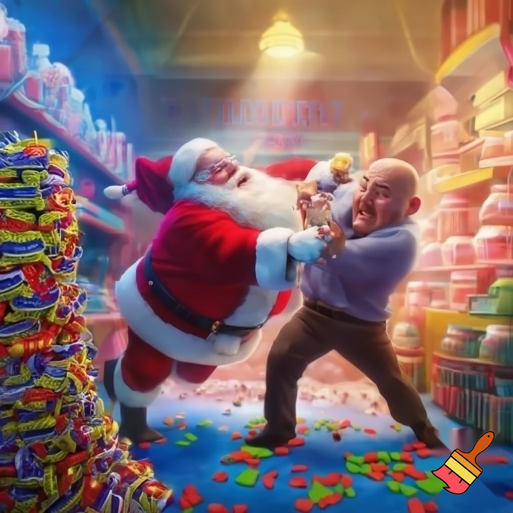 Santa and a bald man fighting over nerds the candy
