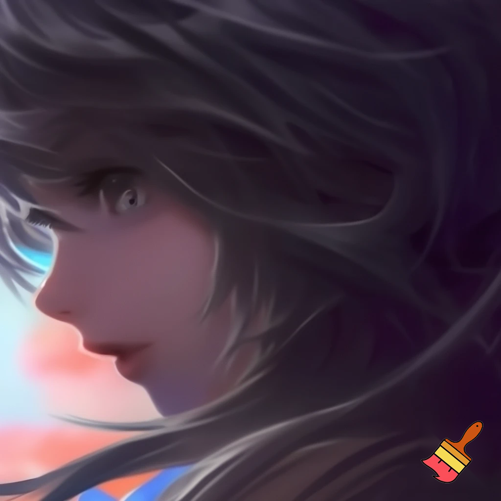 Vẽ một cô gái mặt anime lạnh lùng sắc nét khuôn mặt tinh sảo và có mái tóc giống trong ảnh đã cho, cho cô gái được vẽ ở góc dưới bên trái của tranh 