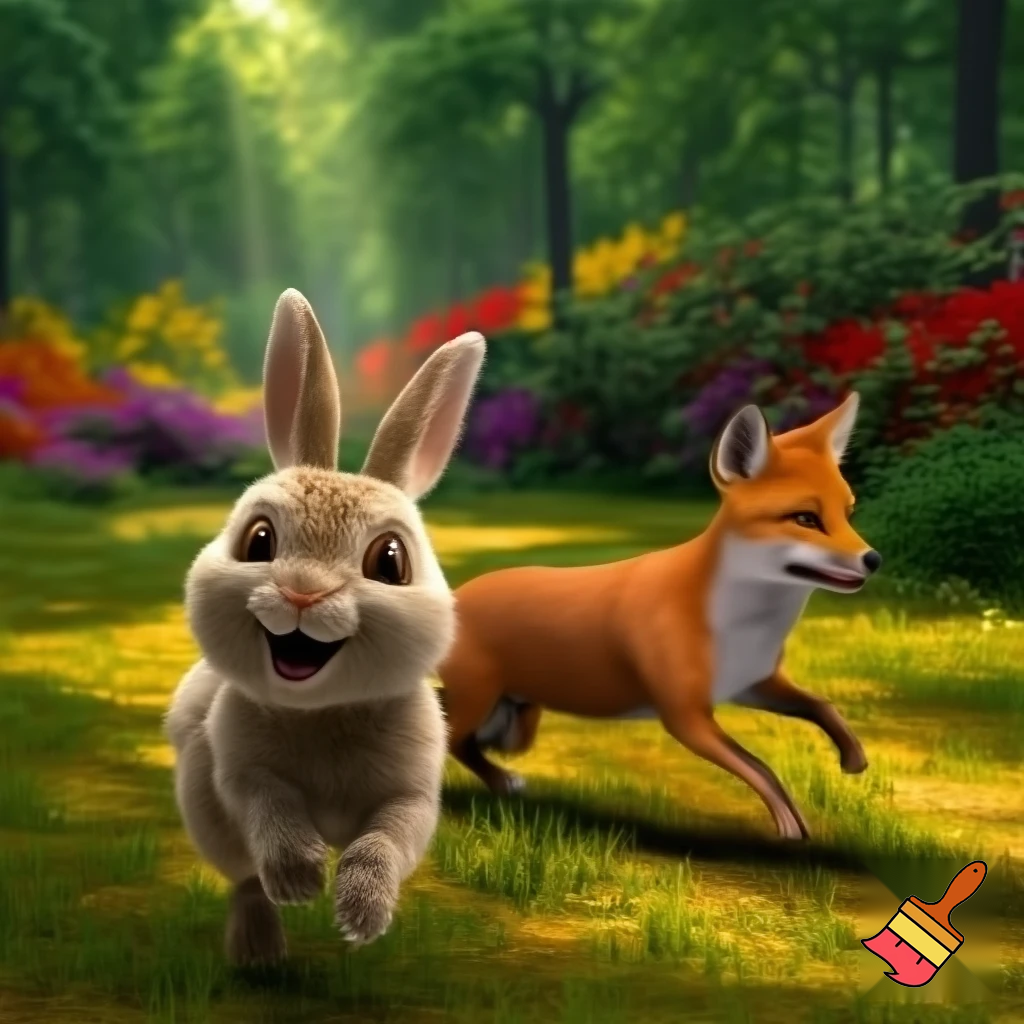 "Cartoon style illustration of the same rabbit now smiling and running playfully alongside the friendly red fox in a vibrant, colorful forest. Sunlight, flowers, trees, and bushes in background, joyful and lively mood. Both characters same as in previous scenes, showing happiness, friendship, and courage."