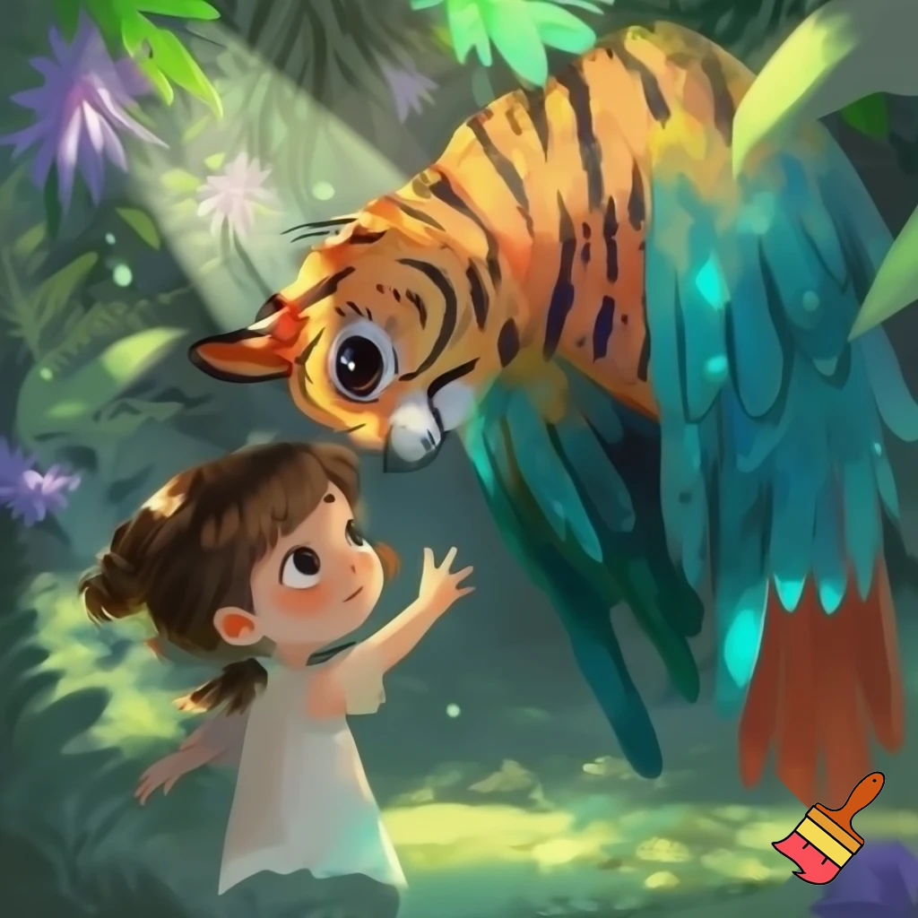 A little girl trying to touch a tigerparrot