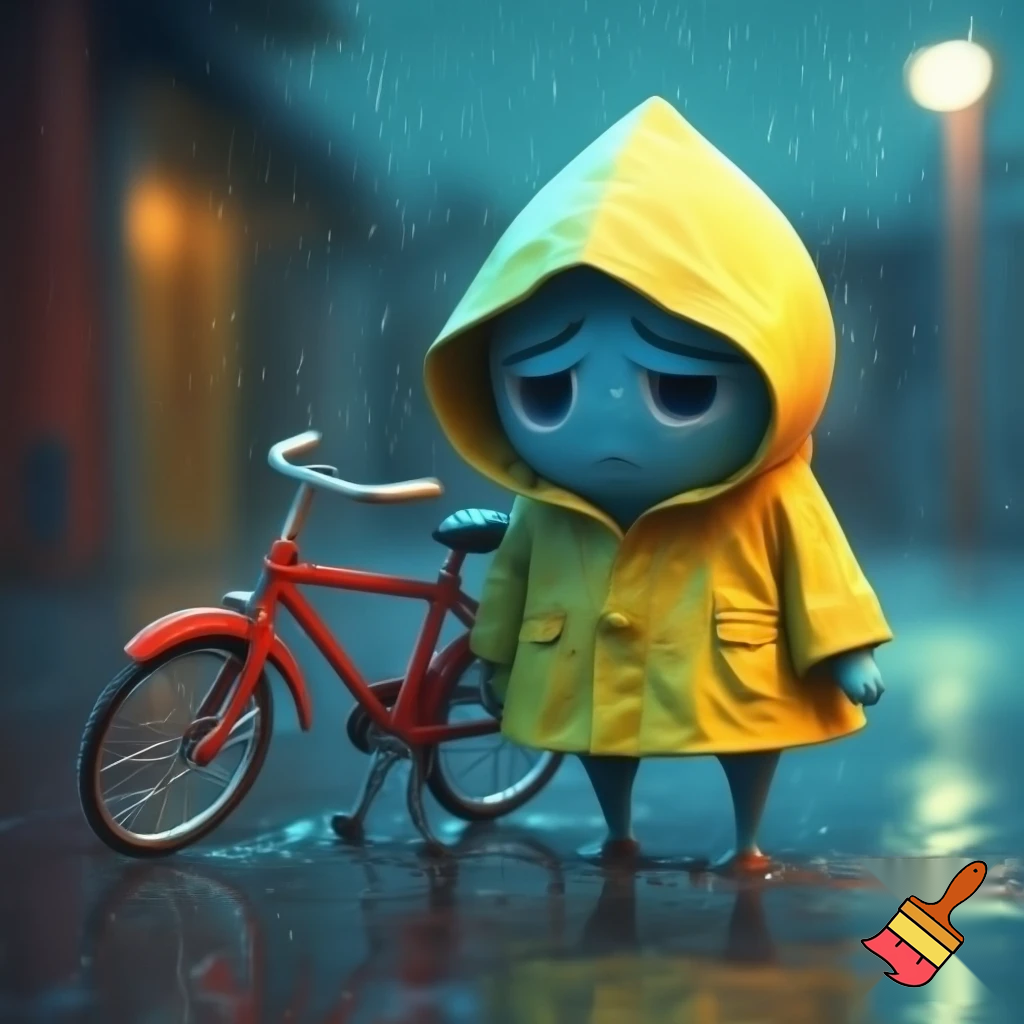 A sonic with a eyebrow gloomy tears  a sad mouth with bikecycle a stand rain raincoat