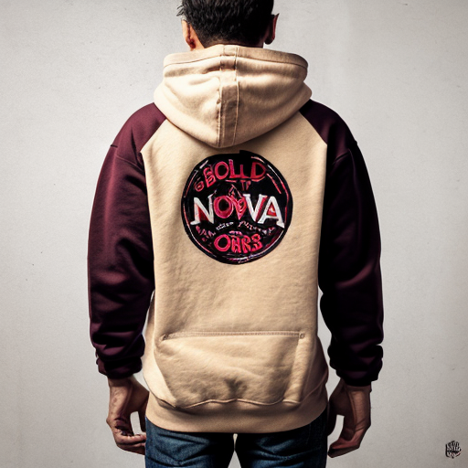 Back view of a burgundy / wine-colored streetwear hoodie with distressed patchwork fabric details (vintage worn patches). The hoodie is shown from the back, laid flat on a neutral concrete background. On the back there is a large centered graphic design: a distressed vintage circular stamp-style logo in beige/cream color. Inside the circle, bold text reads "NOVA CREW" in strong vintage typography. Below it in smaller text: "Born from the streets". The print has a cracked, worn texture to match the hoodie’s aesthetic. High detail, realistic fabric texture, fashion mockup style, streetwear brand presentation.
