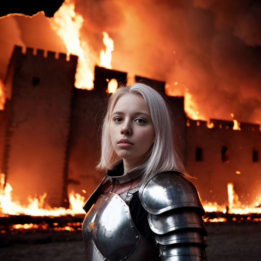 young white-haired woman in armor stands in front of a burning castle into which meteor are falling