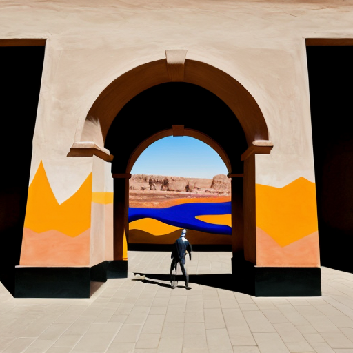 Paint the stones of a desert arch with multiple abstract figures in Tanguy and Matisse style