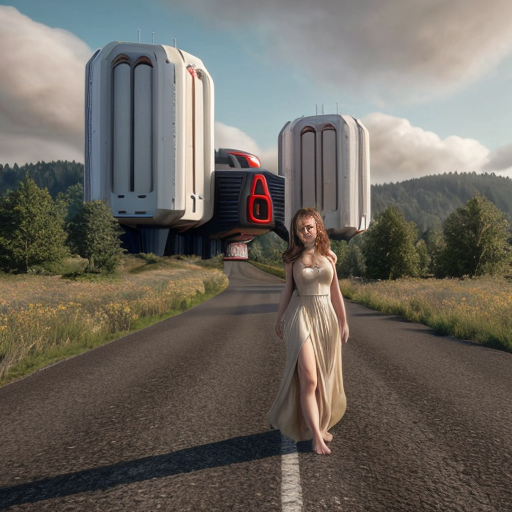 Asland Human cute little girl with light brown hair, blue eyes, light beige sci-fi futuristic long dress and barefoot, when holding the fkag of Asland with white field and red-linned black saltire and group of Asland Human peoples on sci-fi futuristic road at Hammerstein beige sci-fi futuristic castle with red brick sci-fi futuristic roofs and beige sci-fi futuristic towers with red brick sci-fi futuristic roofson hill in Asland landscape with taiga forest, hills, meadows, beige-green-brown fields, villages with beige sci-fi futuristic houses with red brick sci-fi futuristic roofs and cloudy sky in 2621.