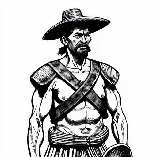 Illustration of a muleteer (arriero) from Don Quixote.
Rough man, strong, angry expression.
Simple rural clothes, muscular arms.
17th century Spain.
Classic illustration style, dramatic but educational.
White background for infographic.

