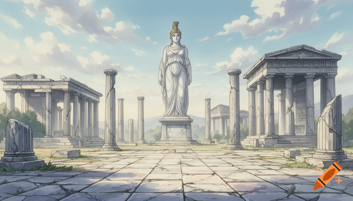 Ancient greek ruins landscape, including the ruins of some temples and some isolated doric columns, and a gigantic Athena marble statue in the center of the background. Floor must be made of deteriorated marble tiles. The scene must take place during daytime, with diffuse illumination. The art style must resemble water-color japanese animation backgrounds, commonly seen in 80s cartoons like Saint Seiya. The generated image must be a general camera plane of the place.
