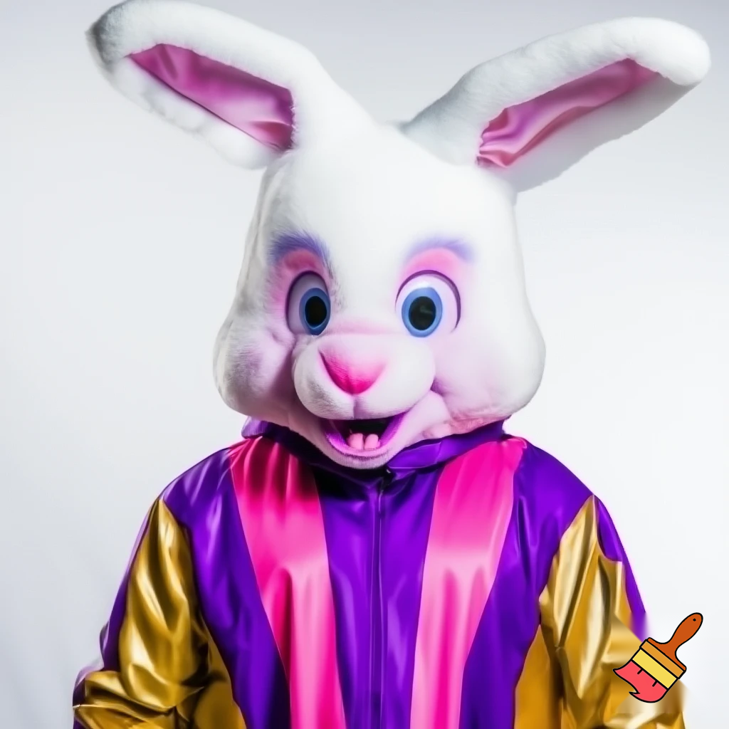 Easter bunny mascot costume top hat a colour face jacket purple and pink pink, purple and pink and gold purple and pink and gold