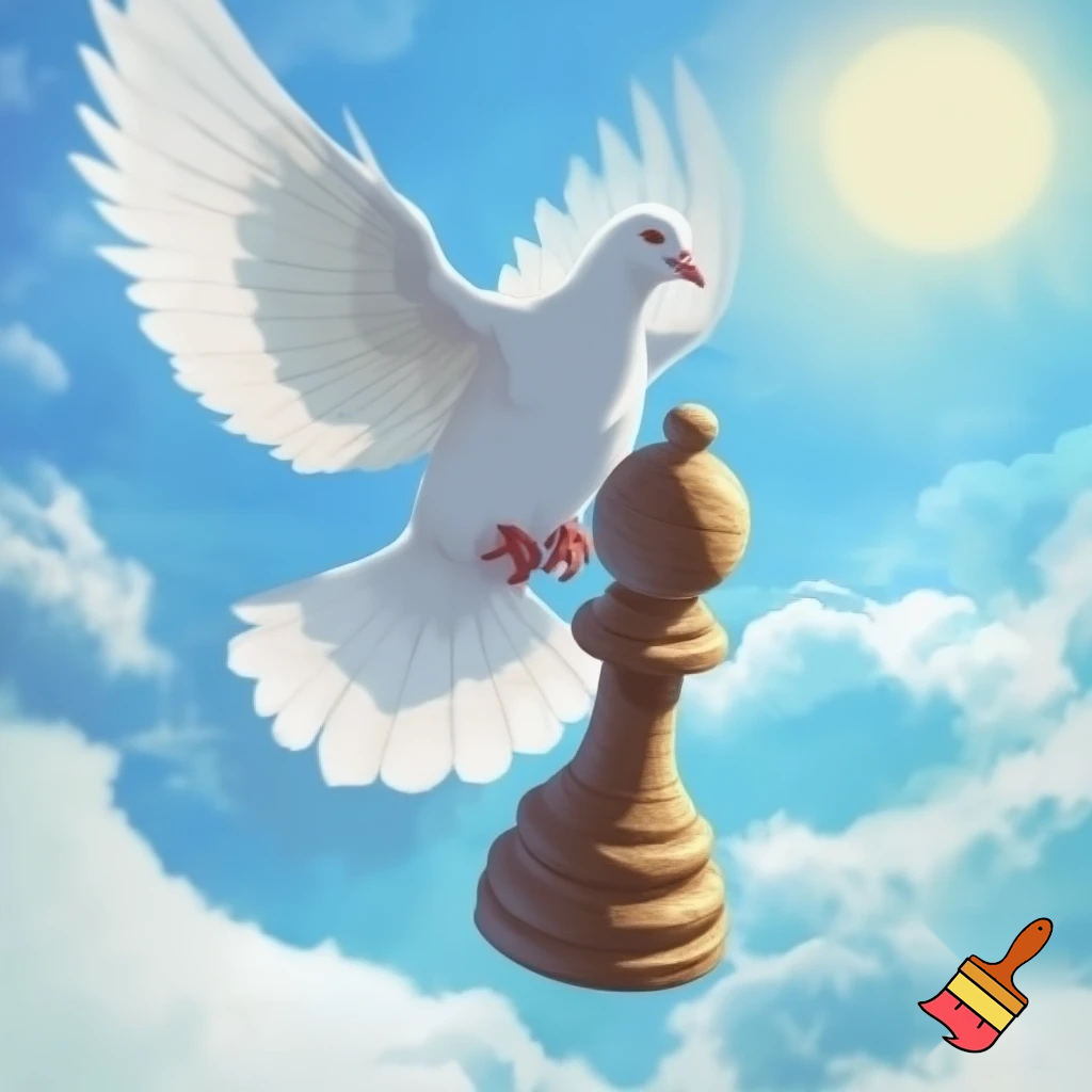 un fantino a cavalcioni di un enorme piccione bianco e blu