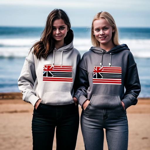 Create an image of two sisters standing next to each other. One of them, the old one, has brown hair and blue eyes. She is around 18 years old and her sisters head goes up to her neck. Her hair is long and silky. The younger sister has blonde hair and blue eyes. She is 13 years old. They are both wearing packing hoodies and baggy black jeans. The hoodies are dusky grey with your Australian flag on them however the jumpers have an old retro sort of vibe. They are at the beach. They have their Arms around each other they are both very beautiful 