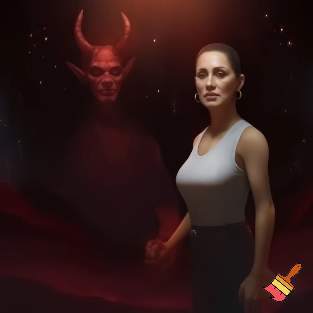 claudia sheinbaum holding hands with the devil and smiling, full body, 