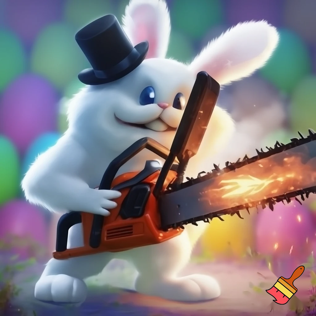 Easter bunny with a chainsaw with a top hat mascot costume
