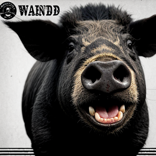 create a sinister looking wanted poster with a wild pig wearing black and white stripes

