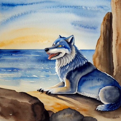 create an image of a glowing blue wolf, with glowing red eyes and a crocodile mouth. Its on a rocky cliff over seeing the sea