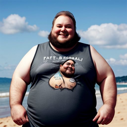 A fat man on the beach wearing virolo cat t-shirt