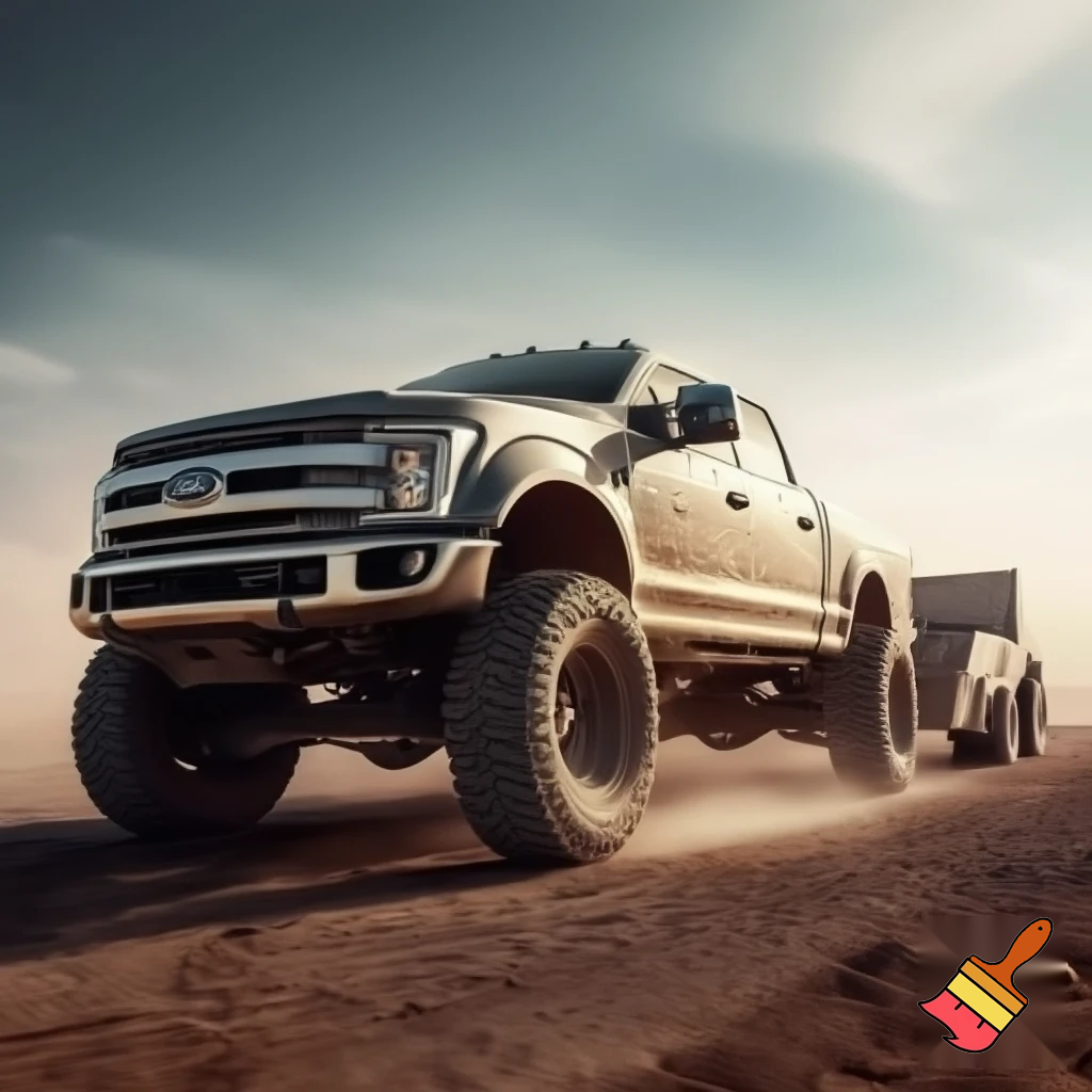 PC Tire ford truck pulling a very small trailer