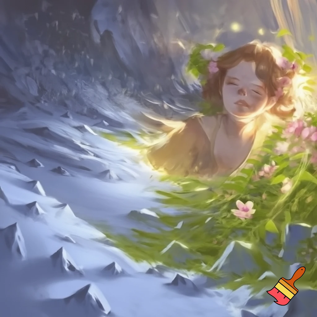  Зима сказочная плавно растворяется и переходит в девушку Весну, природа фэнтези, сказочно, волшебно

