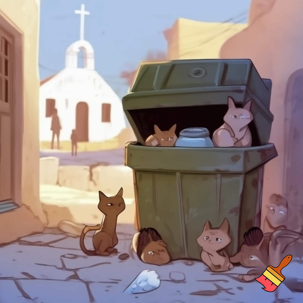Cartoon-style scene in a small Greek neighborhood. A large green outdoor garbage container stands with its lid open. Inside the container, tossed away, are a couple of pet food bowls and a small water bowl. Around the container are several stray cats and kittens looking sad and thirsty, some sitting, some searching the ground. One or two kittens peek curiously into the container. In the background, a simple white Greek church with a cross on top, and a few distant people walking toward it, not facing the viewer. Early-day Mediterranean light, warm tones, gentle but emotional atmosphere. Style: soft cartoon, watercolor-like textures, subtle outlines, slightly heart-tugging mood. Cats bit skinny