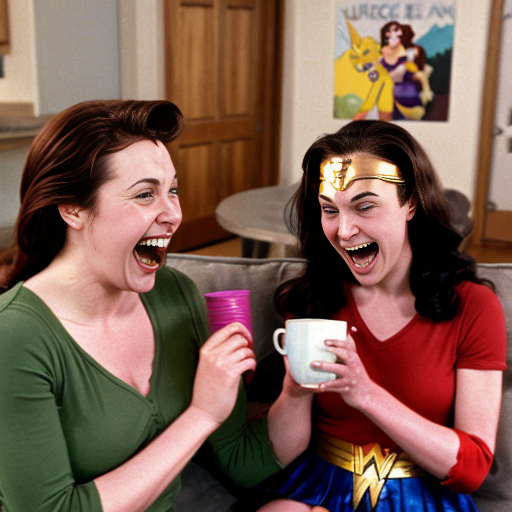 She-Ra from ”Princess of Power 1985” and Wonder Woman from ”Justice League 2001” cry laughing when they catch their 12 year old little sister Wendy from ”Peter Pan 1953” drinking coffee on the sofa in the living room and Wendy isn’t enjoying it.