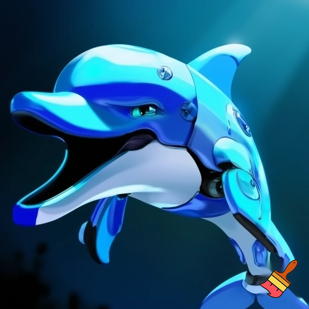 A detailed illustration of a robotic, mechanical dolphin with a sleek, streamlined body predominantly in shades of blue and white. The dolphin has a prominent, expressive face with a slightly aggressive or determined look, featuring narrowed, teal-colored eyes. The body includes metallic elements, such as circular joints and mechanical parts, especially around the fins and tail. The dorsal fin is sharp and angular, positioned on the back, and the pectoral fins are streamlined, extending from the sides. The mouth is open in a wide, enthusiastic expression, revealing a dark interior. The overall style is a blend of cartoonish and futuristic robotic design, inspired by video game or animated series aesthetics.