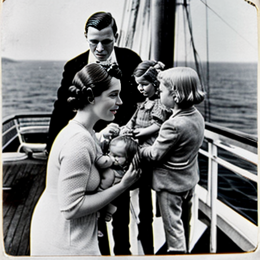 vintage barbie , her husband , children ,and baby on the deck of the titanic