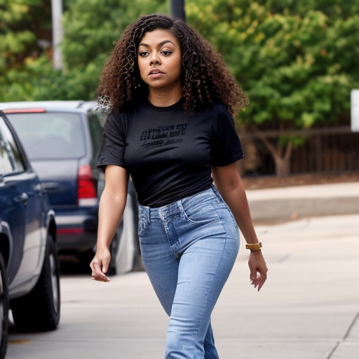 Taraji P. Henson long brown curly hair black t-shirt under t-shirt and blue jeans black toes shoes out 