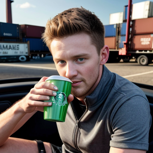 generwate an image of conor macmanus from ireland brown hair 5 ft 6 and from blackrock colage and with a blue quater zip first year driving a ferrrari car no helmet still wearing the blue quater zip wereing a quaterzip drinking matcha from a starbuck cup 13 year old but put it all on a big cargo ship




