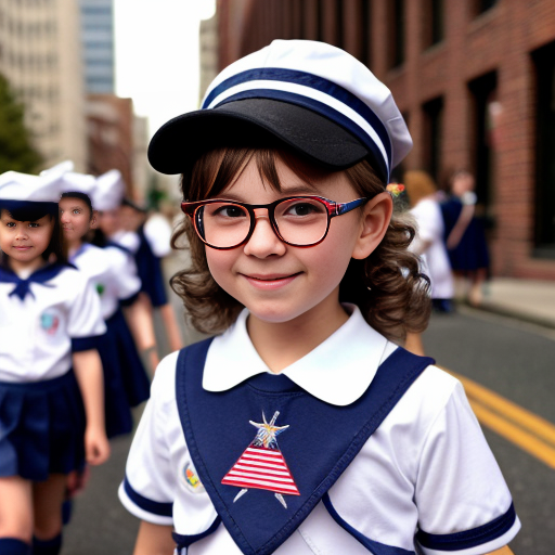 Cute adorable niña Chilindrina glasses con hair lazo curly con verano sailor uniforme escolar con zapatos negros escolar con calcetines blancos con sombrero sailor con grupal con caminar con desfile Estados Unidos América bandera con ciudad 52