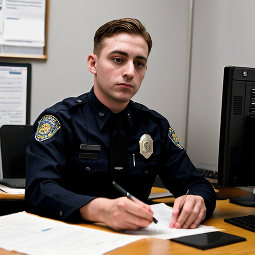 在公安机关办公室，一个穿着白色警察制式衬衫的绘画木偶（面部空白无五官）坐在办公桌后低头看手机。办公桌前站着两个穿着深色常服的绘画木偶（面部空白无五官），一个手持文件，另一个双手自然下垂。镜头角度为从侧前方平拍。图片风格为写真，比例为1:1