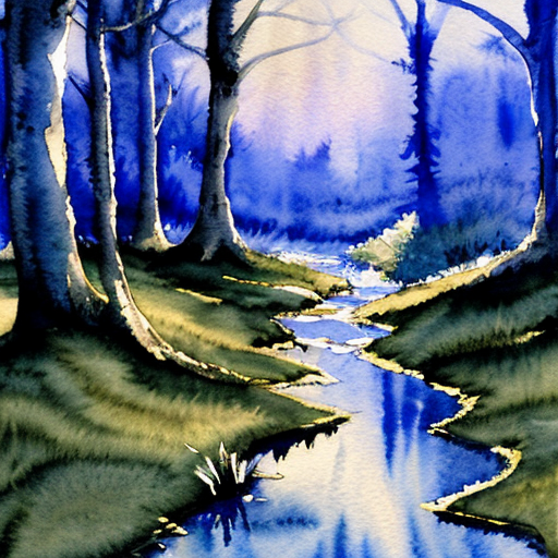 Kouzelná večerní scéna, lesní mýtina v noci, z potoka vychází jasná modrá záře  ze svítícího safíru. V potoce je svítící modrý safír.  Malé hnědé štěně stojí na okraji louky,  sleduje světlo. Magická atmosféra. Pohádkový akvarel.