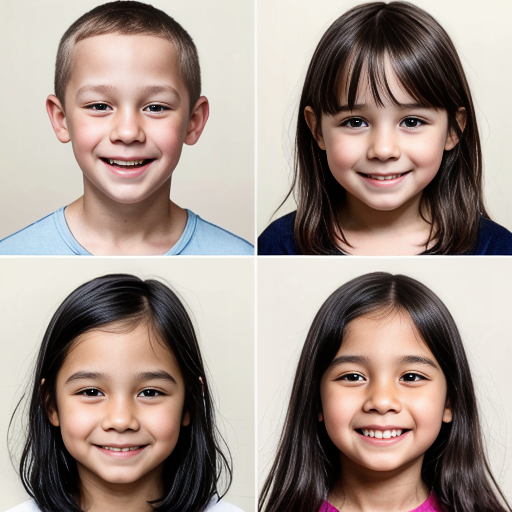 generate a family photo of  6 kids. generate 1 set of triplet boys that are two years old with black hair. generate another set of girl triplets that are 16 with black hair and generate all of them togteher in a family photo 6 kids