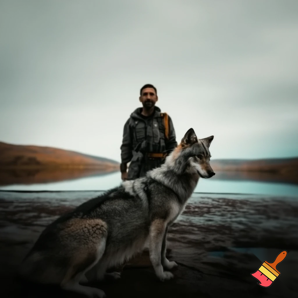 a man standing at river end with wolf