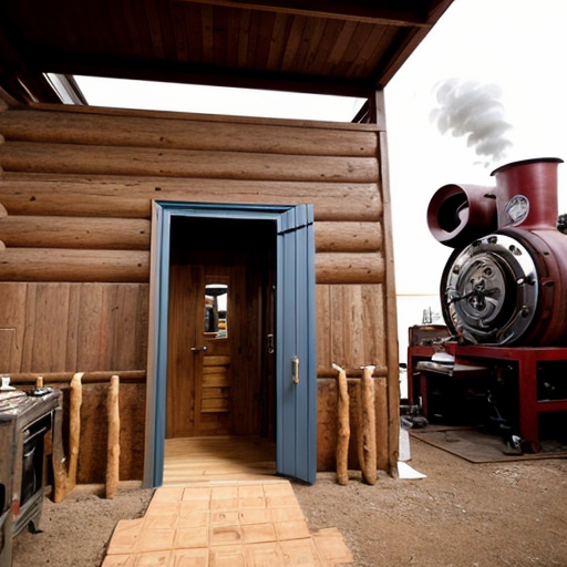  On the outside, the cabin is made of bricks and has a row of smokestacks on the top, making it look like a miniature factory. The door is bronze, thick, and circular, like a vault door, and opens with lots of steam and gears clunking.