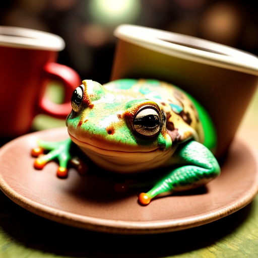 A hillarious, funny boho toad with some hippie colored coffee cups. Psychedelic decorated background.