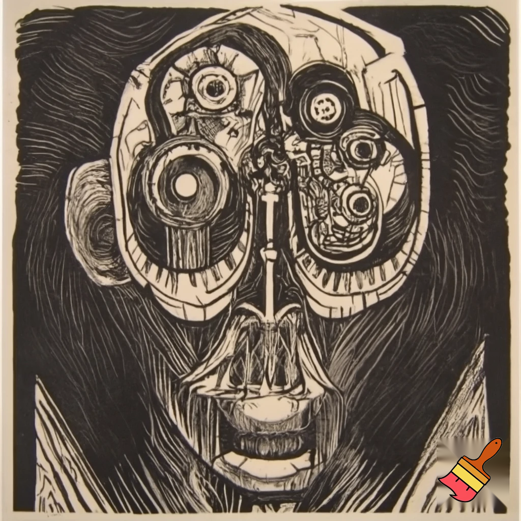 Bio-mechanical post-human noise art. In the style of a 1920's German Expressionist woodcut print. Monoprint.