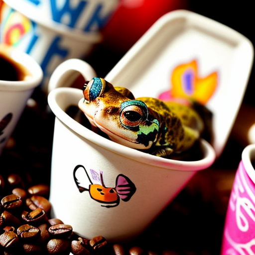 A hillarious, funny boho toad with some hippie colored coffee cups. Psychedelic decorated background, hyperrealistic. Close-up view.