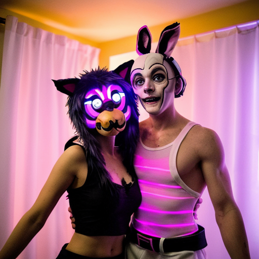 Show me what would happen if a boyfriend and girlfriend (Friday night funkin') were captured by female animatronics fnaf 2 , who then decided to make the boyfriend a girl (change his gender and appearance) and put the girl (boyfriend gender) in a cute, sexy bunny animatronic costume, and the wife girlfriend in a female animatronic cat costume. Both died in agony. How would the spirit of the girl (boyfriend gender) and his wife (girlfriend) react afterward?The boyfriend is gender (fnf) and looks like a bunny girl in spirit. How will his wife Girlfriend react to him becoming a girl female? Fnaf 2 , Blood , стиль как с анимаций Friday night funkin.