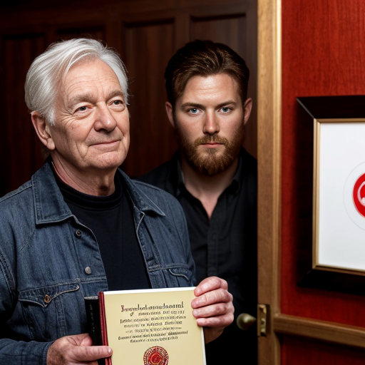 God holding a book with seven red seals on it and John looking up at him
