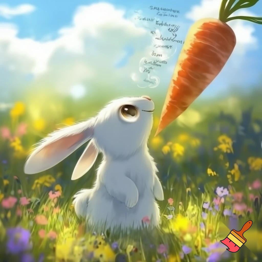 Scene: Sunny meadow. Bunny sees a big carrot.
Text Bubble (Bunny): “Wow! This carrot is huge! Just for me!”