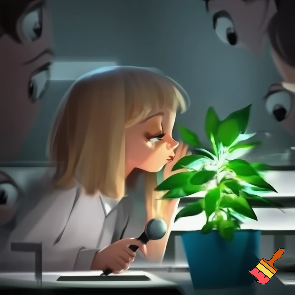 blond girl talking to plant with a spy microphone in his right hand while she is spied for many eyes into a office.