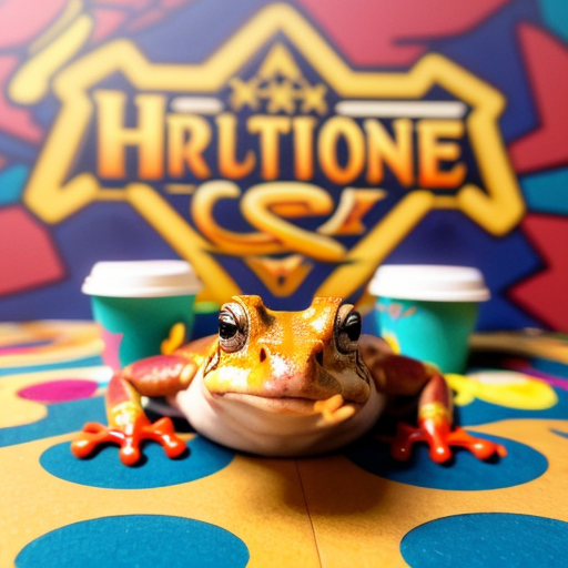 A hillarious, funny boho toad with some hippie colored coffee cups. Psychedelic decorated background, hyperrealistic. Close-up view.