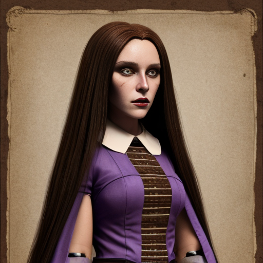 Anthropomorphic humanoid female black werewolf with long pretty hair and purple eyes, wearing brown medieval clothes 