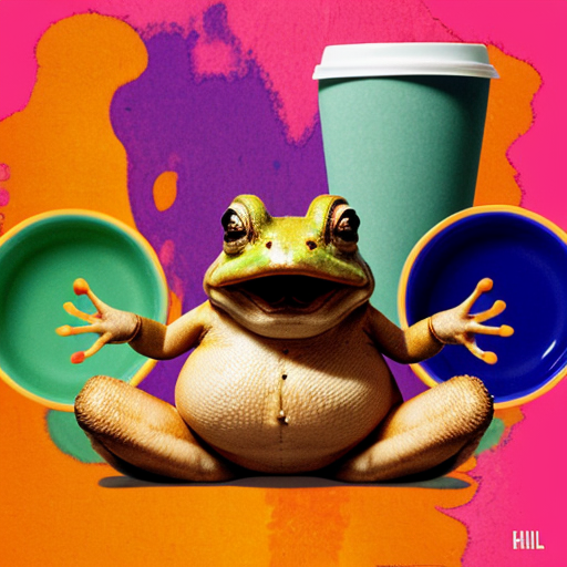 A hillarious, funny boho toad with some hippie colored coffee cups. Psychedelic decorated background.