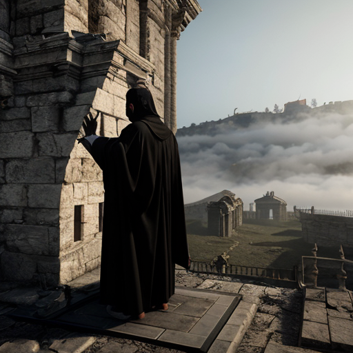 Photorealistic dark fantasy crypt. A gaunt, pale man in black robes stares at a fleshy, grotesque sack hanging from a rope. A winged, horned demon perches on a stone ledge behind him. Ruined stone floor with rubble, broken pots, and low-lying fog. Cinematic volumetric lighting, macabre gothic horror style, 8k resolution