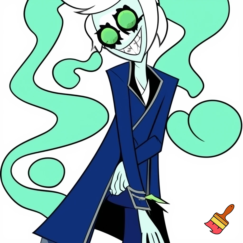 A tall, lean pale man with white hair, green eyes and distinctive round bra glasses In cartoonish art style of hazbin hotel wearing his signature blue overcoat and smoke curling around him