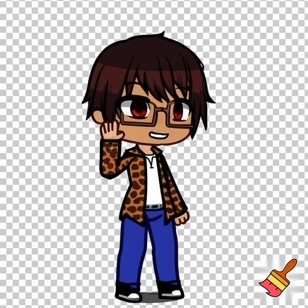 A Gacha brown skinned boy with dark brown hair, brown glasses and a brown pattern jacket with a white shirt, blue pants and black shoes. Waving at the camera 
