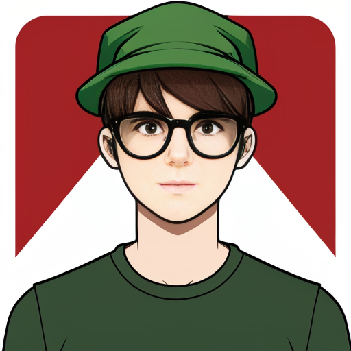  anime teenage boy with a green hat with a minecraft tnt design on it, green eyes, black glasses and a green jumper