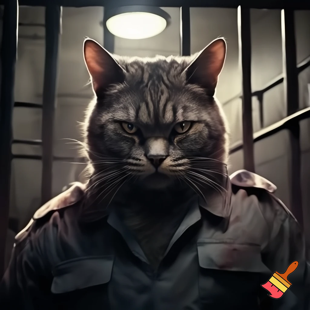 evil, sinister, strong, cat in a police mugshot staring with dim lights jail suit