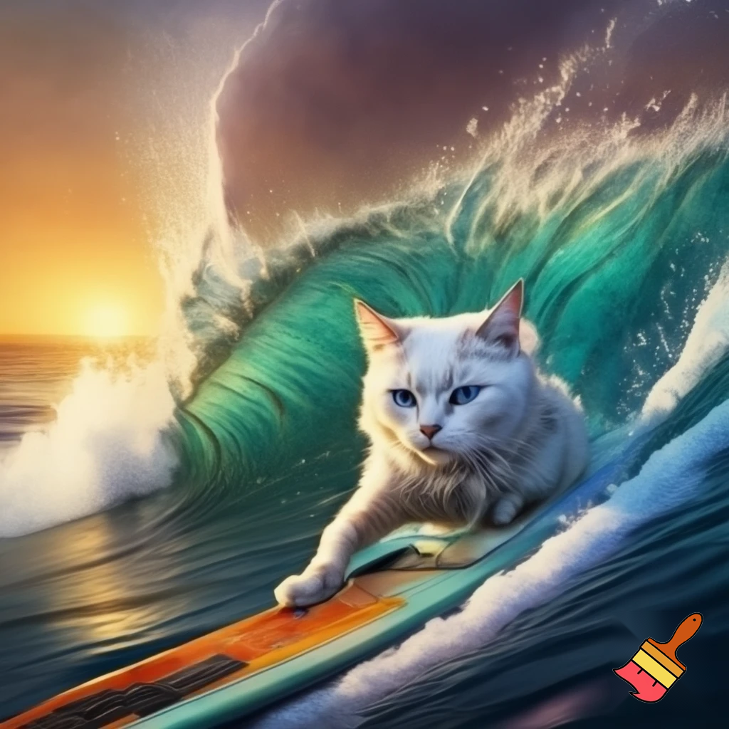 A white Turkish van cat riding a wave on a surfboard 