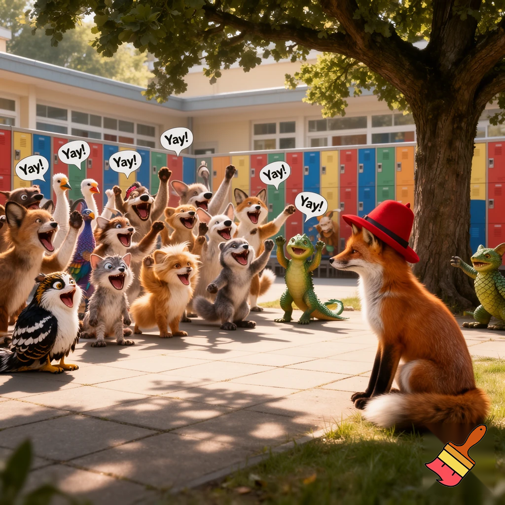 and then all the animals cheer out yay exeft the fox with the red hat at school